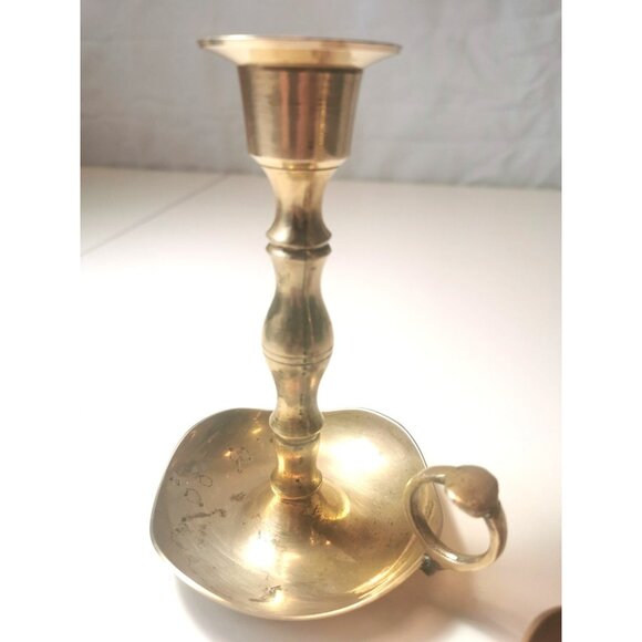 Pair Vintage Brass Chamberstick Candle Holders Ring Handle Finger Hold Drip Tray - Picture 9 of 9